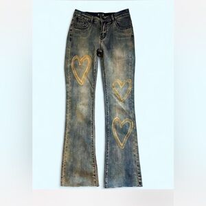 Designer Women's Boot Cut Jeans with gold rhinestone Heart embellishments